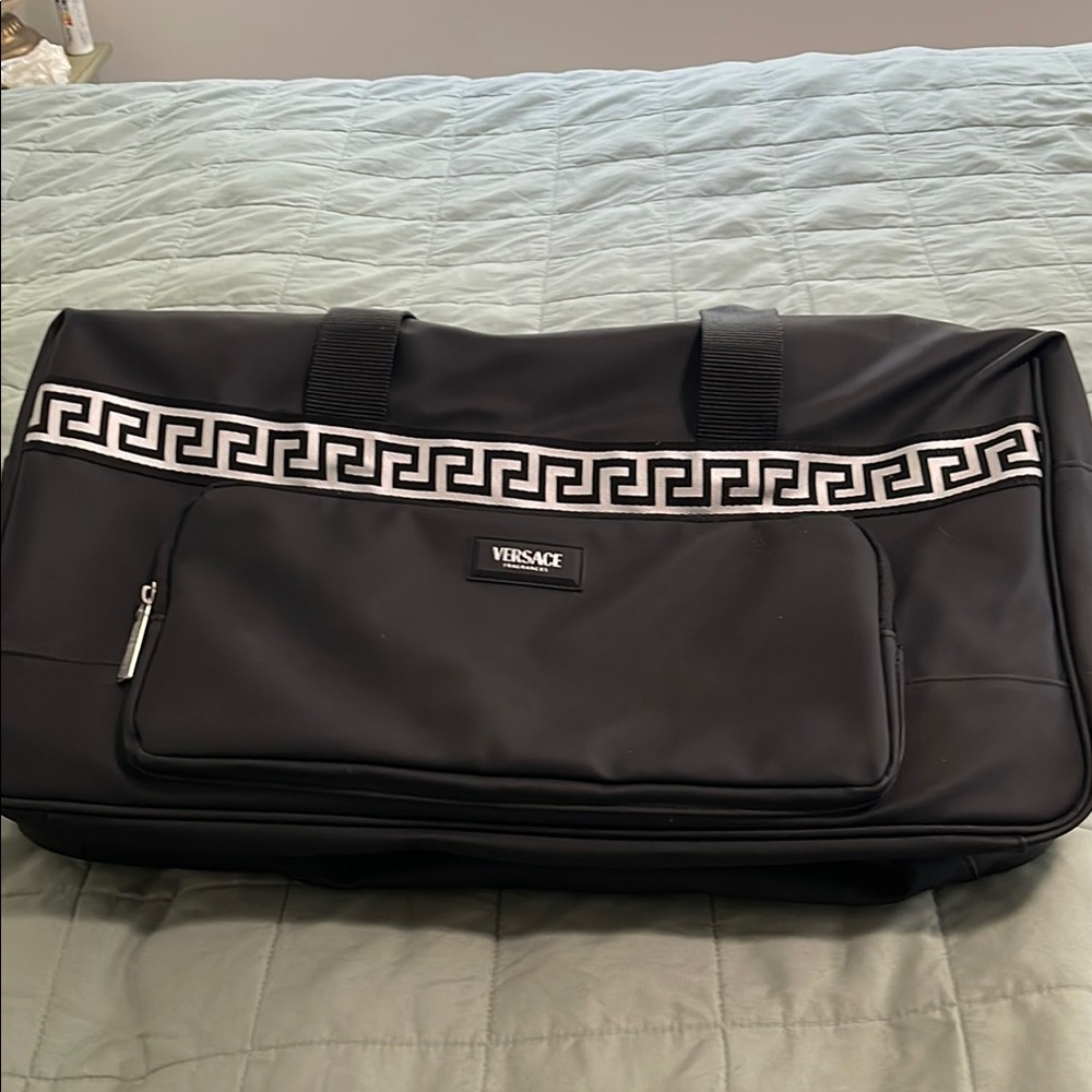 Versace Black Duffel Bag with Greek Key Pattern